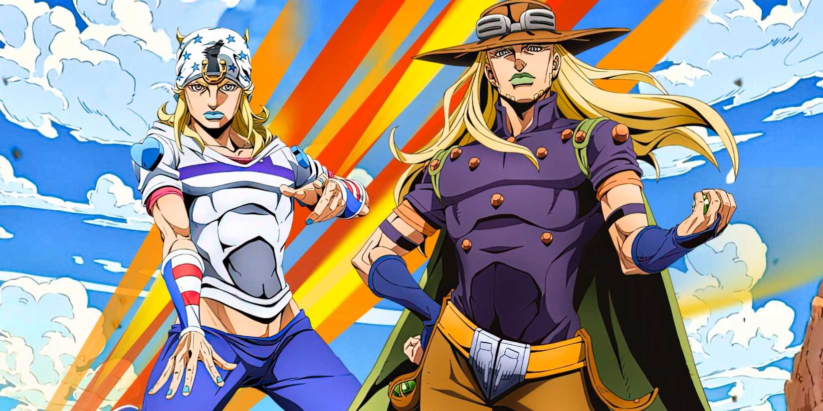Johnny Joestar et Gyro Zeppeli posent devant un arc-en-ciel dans JoJo's Bizarre Adventure : Steel Ball Run.