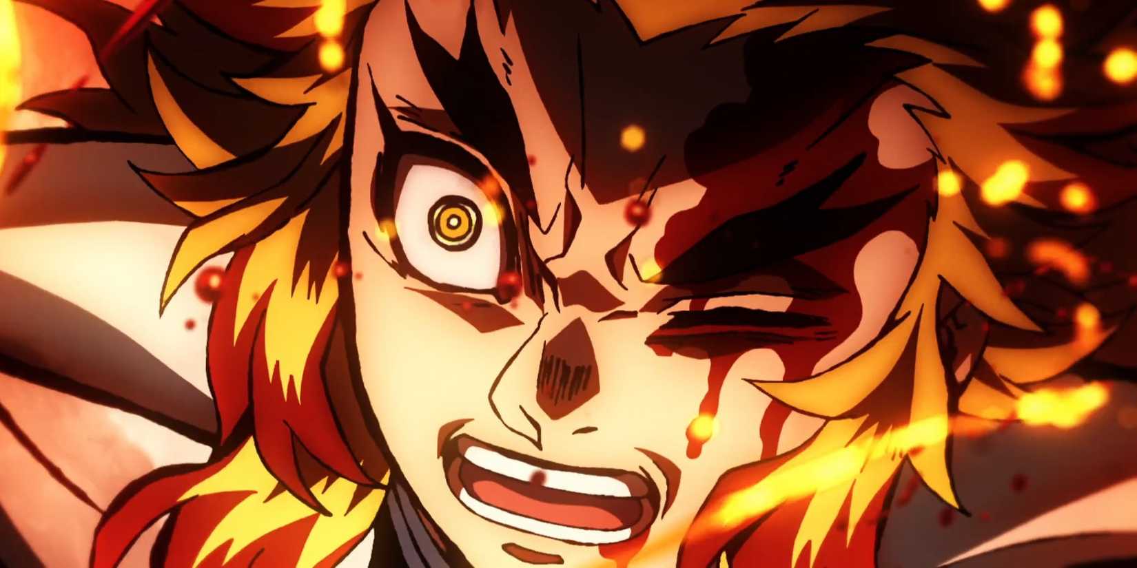 Plan rapproché de Kyojuro Rengoku alors qu'il semble intense dans les flammes.