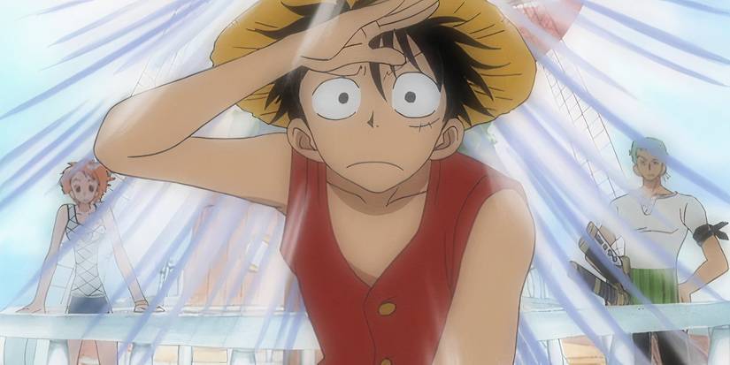 Luffy, Zoro and Nami noticing something to come