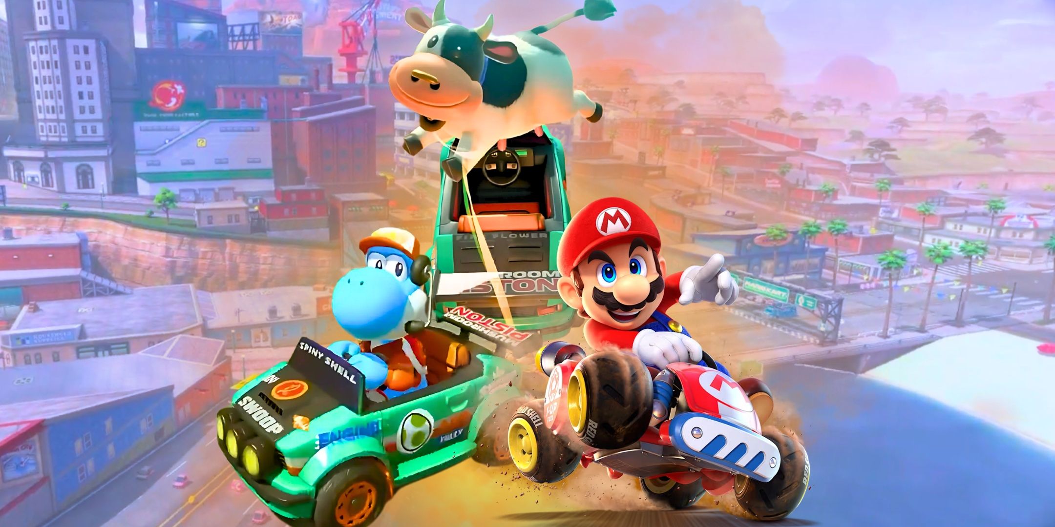 A collage of Mario, Yoshi and Moomoo Cow from Mario Kart World