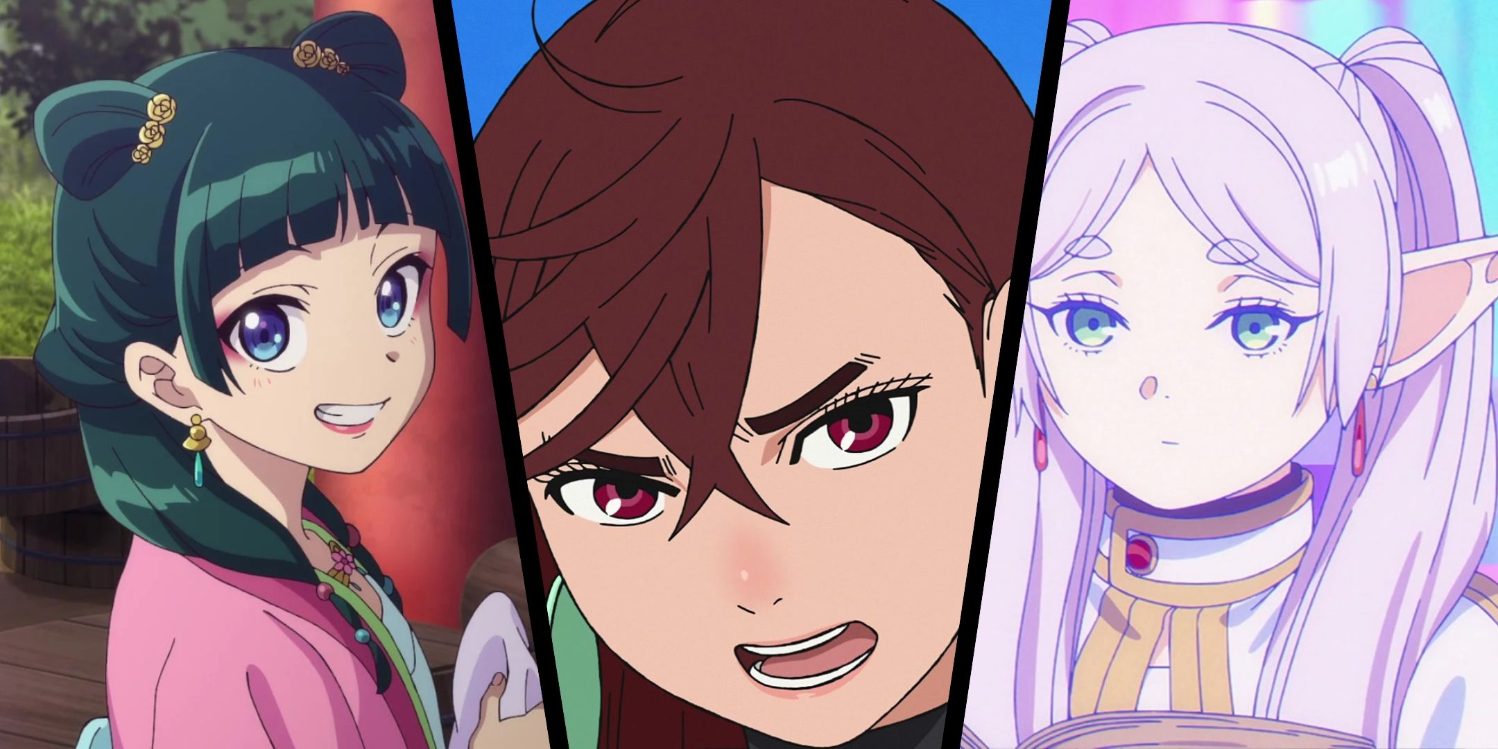 The Apothecary Diaries' Maomao, Dandadan's Momo and Frieren anime collage