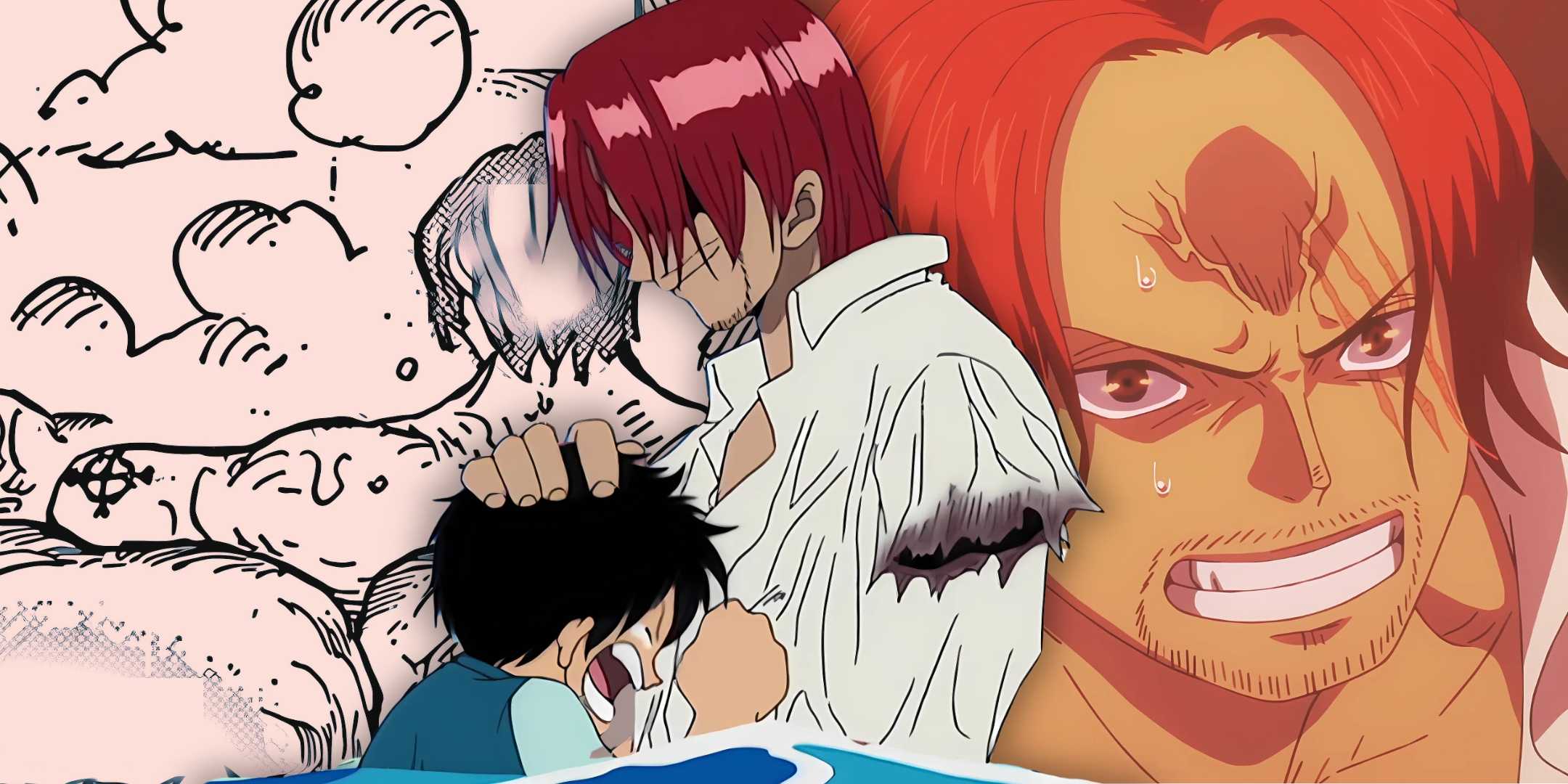 Một bức ảnh ghép gồm Shanks và Luffy từ anime One Piece và hình ảnh cánh tay của Shanks từ manga One Piece.