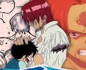 A collage featuring Shanks and Luffy from One Piece anime and an image of Shanks arm from the One Piece manga