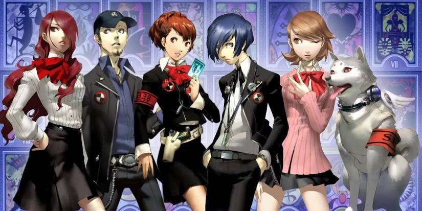 The Judgement Arcana Nyx Execution Squad Members Mitsuru, Junpei, Yukari, Koromaru, and the male and female protagonists in Persona 3 Portable.
