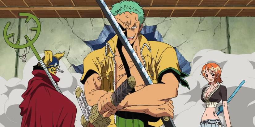 Roronoa Zoro is drawing his swords as Sogeking and Nami stand on either side of him during the Enies Lobby arc of One Piece.