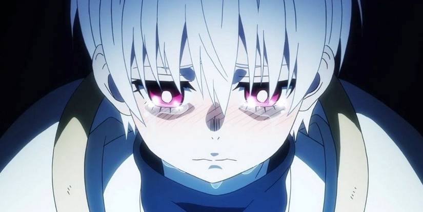Sho Kusakabe looks down as he's about to cry in Fire Force.