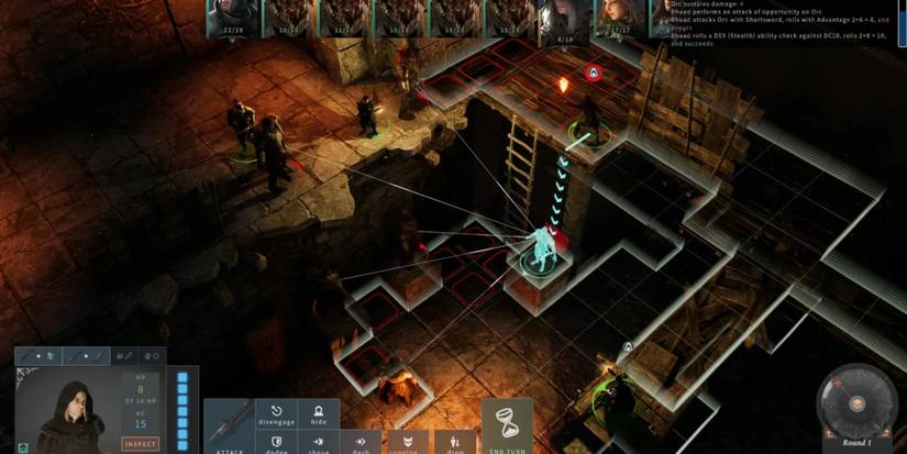 Solasta: Crown of the Magister gameplay with the player managing the party on a grid-based battlefield.