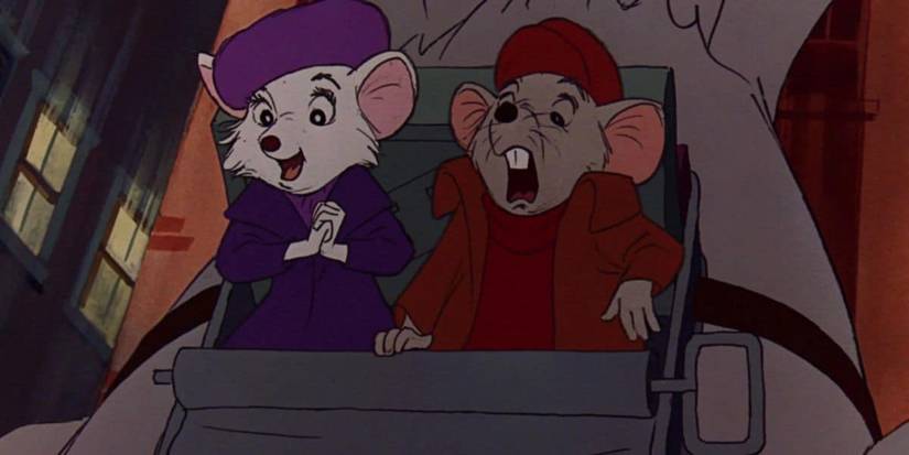 Bernard and Miss Bianca flying on a bird's back from the movie The Rescuers (1977)