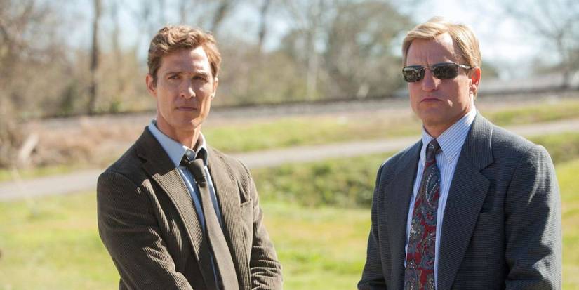 Matthew McConaughey as Detective Rustin "Rust" Cohle and Woody Harrelson as Detective Martin "Marty" Hart from True Detective Season 1