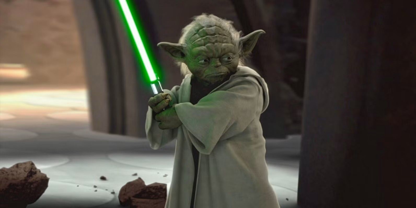 Yoda wields his green lightsaber in Star Wars: Revenge of the Sith.
