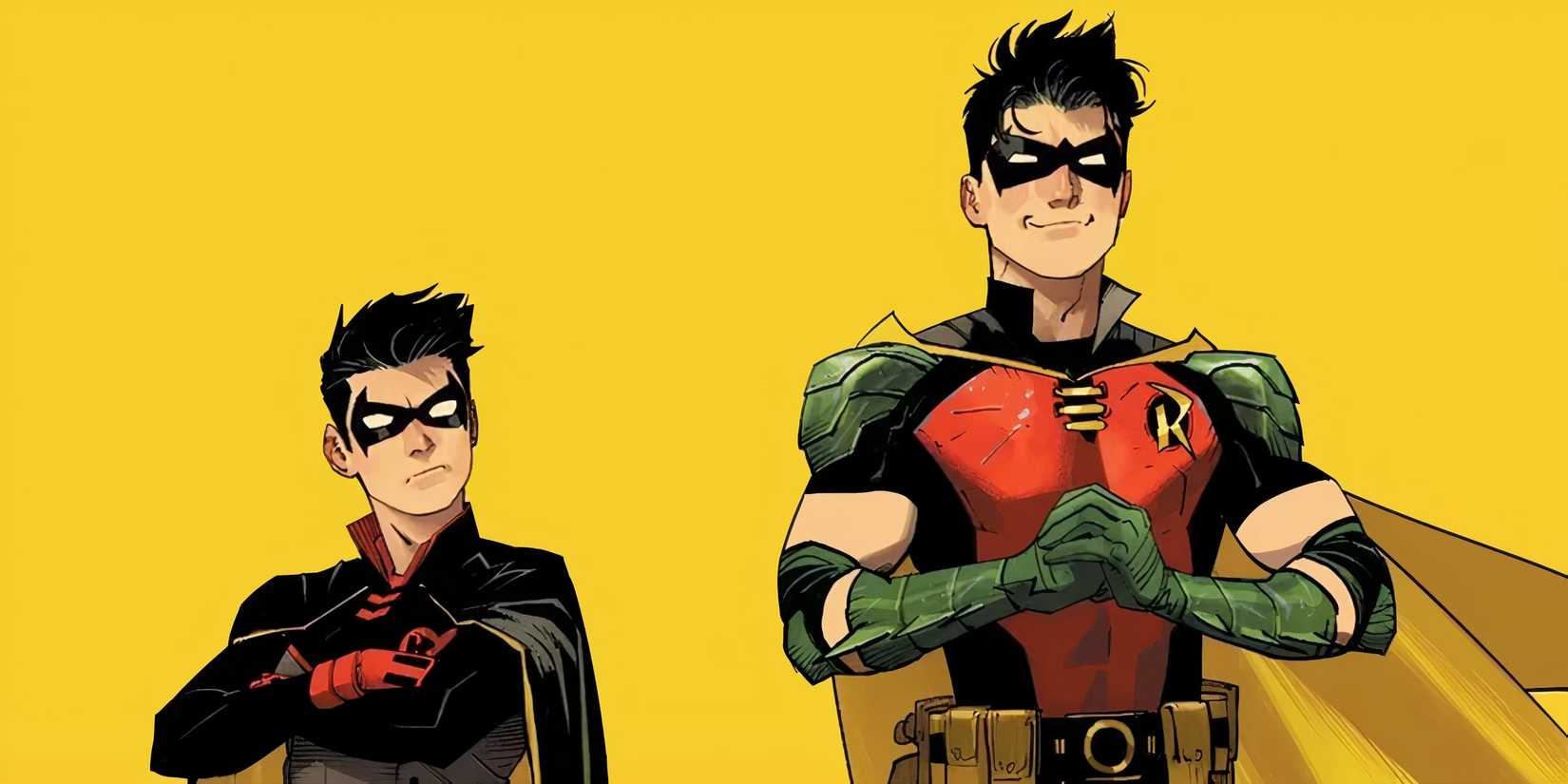 Damian Wayne and Tim Drake recreate the cover to Damian's debut as Robin in Batman and Robin #1