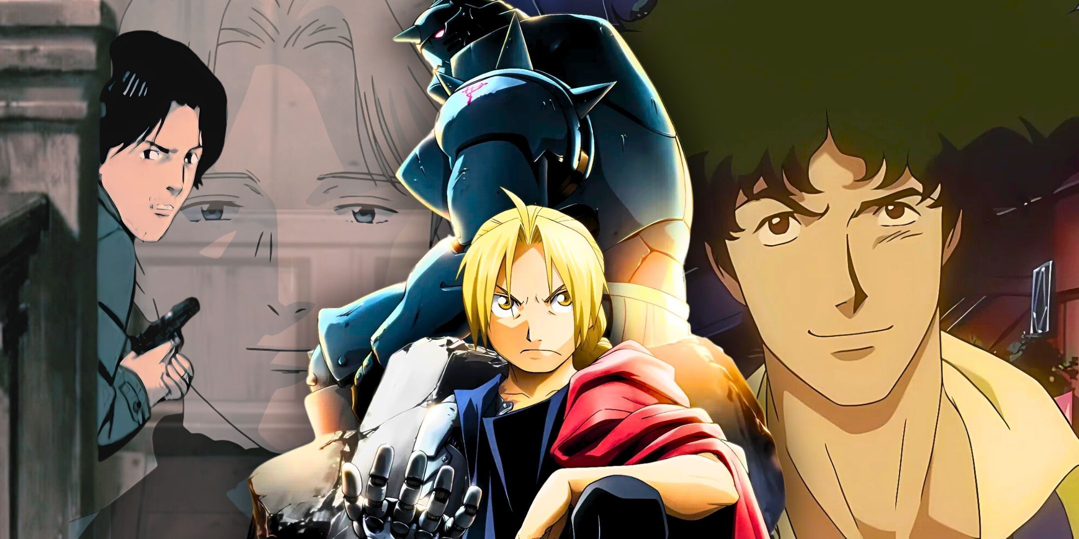 A collage featuring Fullmetal Alchemist: Brotherhood, Monster and Cowboy Bebop