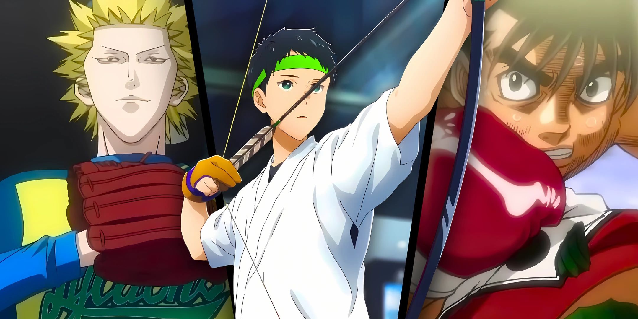 A split image featuring the animes Tsurune, Hajime no Ippo and One Outs