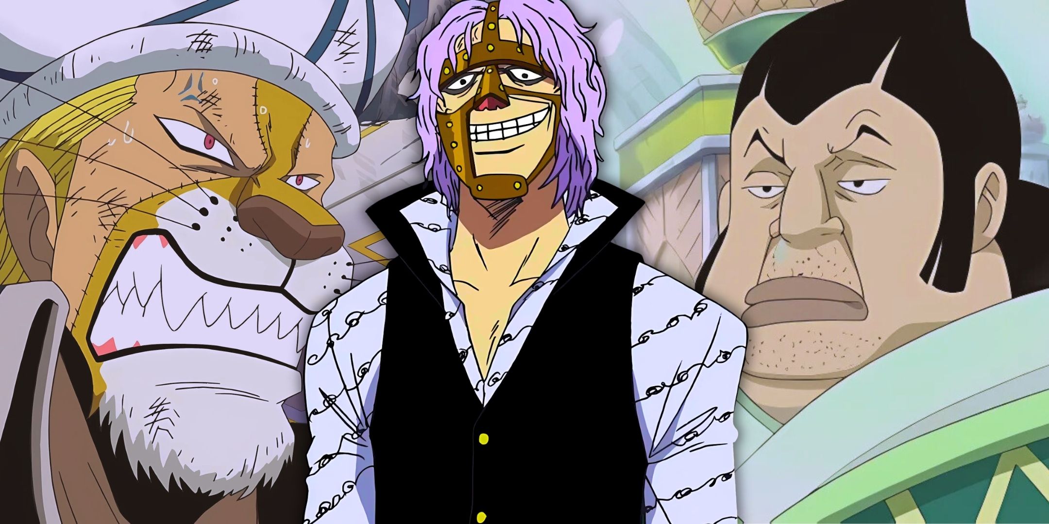 A collage featuring Spandam, Saint Charlos, and Absalom from One Piece