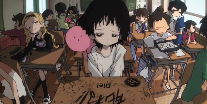 Takopi original shizuka at Sin Anime school at school with graffiti on the desk.