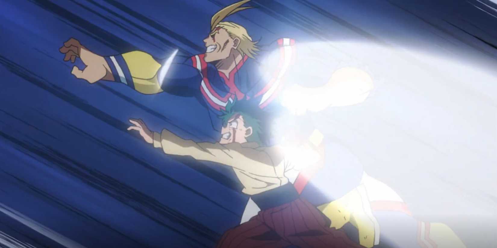 All Might and Deku perform a Double Detroit Smash in My Hero Academia.