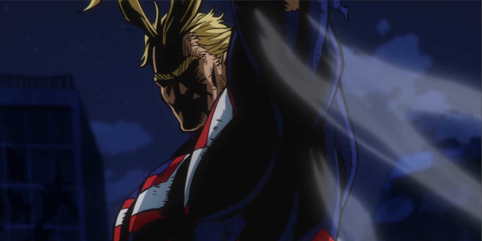 All Might raises his fist in the air after defeating All For One in My Hero Academia.