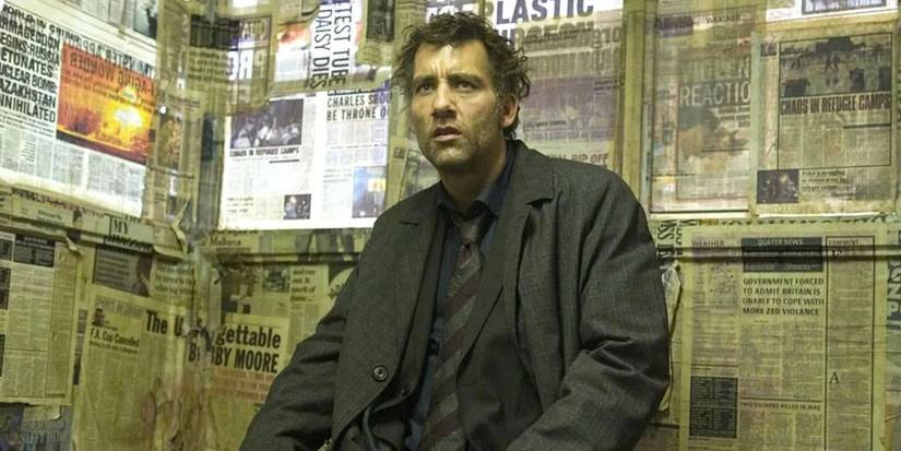 Theo in a room full of newspapers in Children of Men