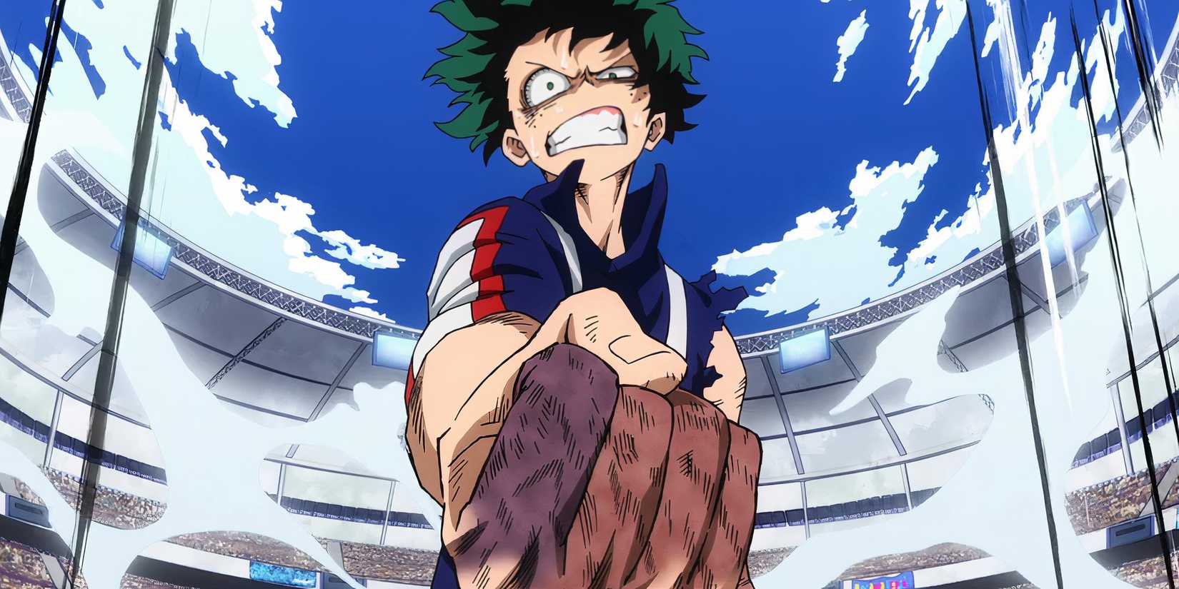 Deku crie après Todoroki tout en tendant son poing blessé dans My Hero Academia.