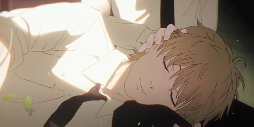 Denji pose sa tête sur les genoux de Makima dans Kick Back - Chainsaw Man