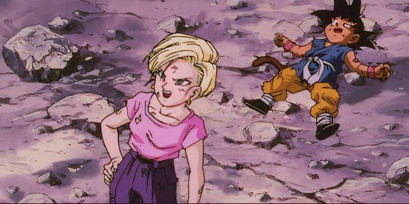 Android 18 and Goku triumphant against Super 17 in Dragon Ball GT.