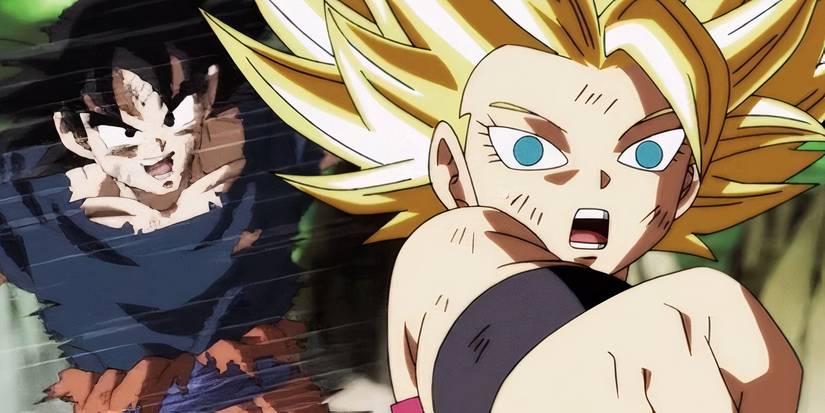 Goku evades Caulifla's attack in Dragon Ball Super's Tournament of Power.