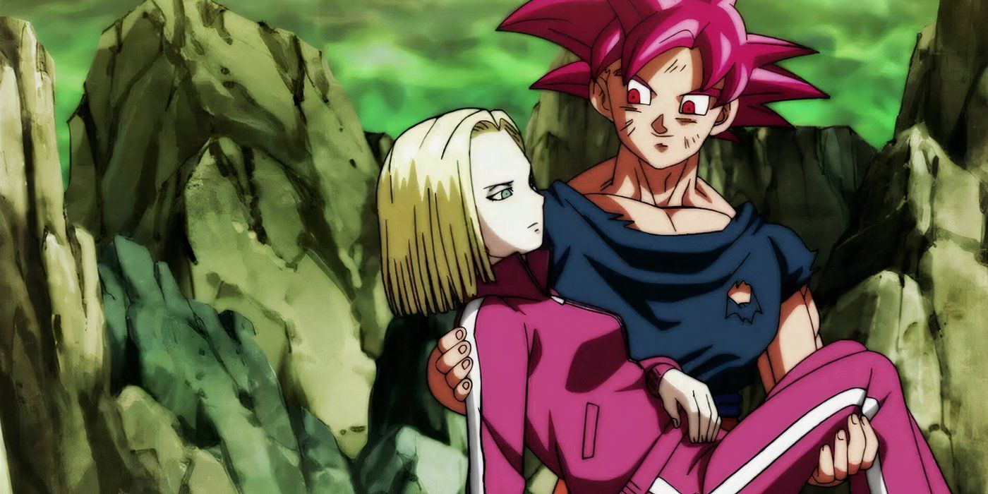 Super Saiyan God Goku pega o Android 18 durante o torneio de poder em Dragon Ball Super.