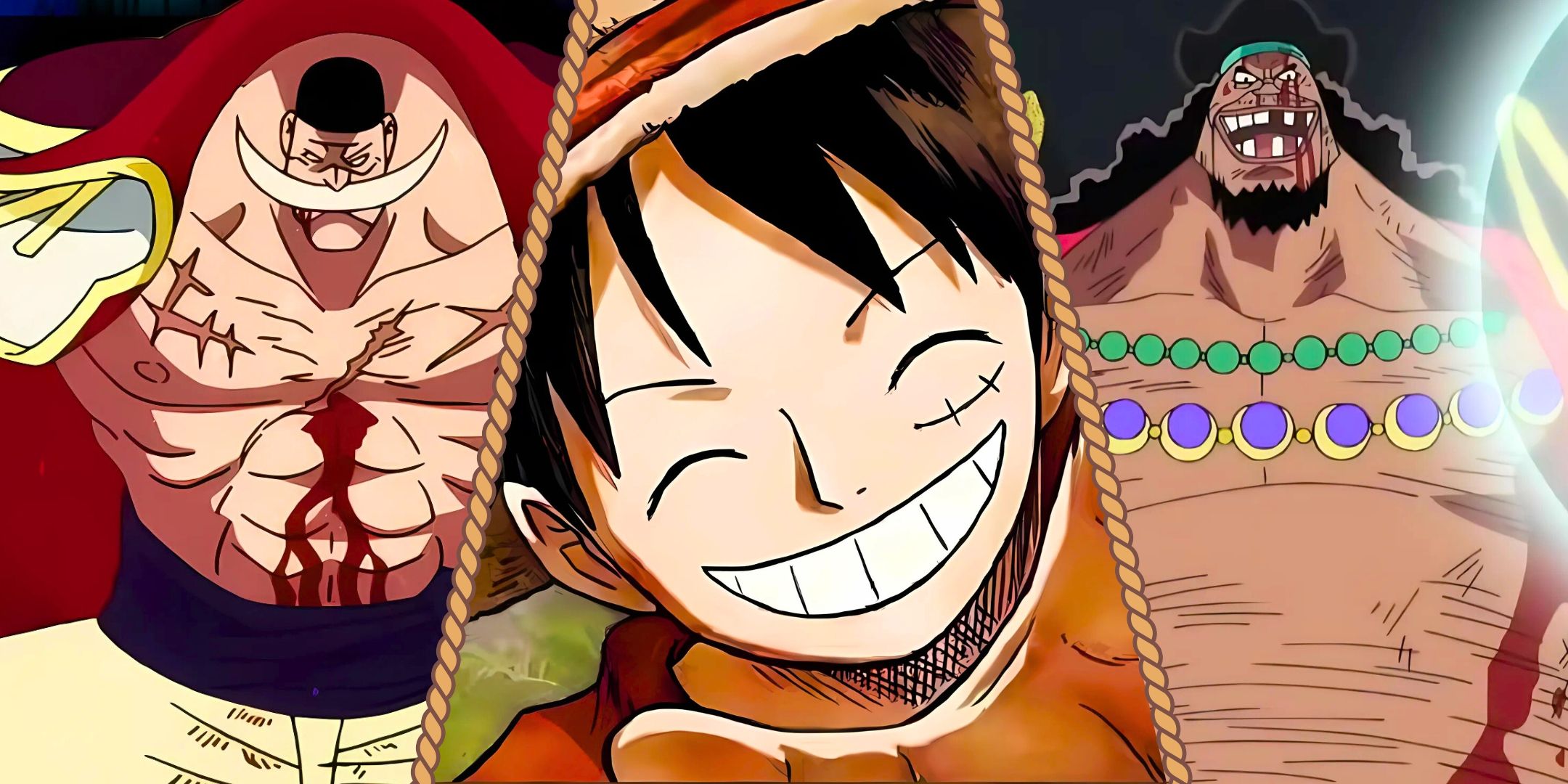 A split image of Whitebeard, Blackbeard and Monkey D. Luffy from his bounty poster from One Piece