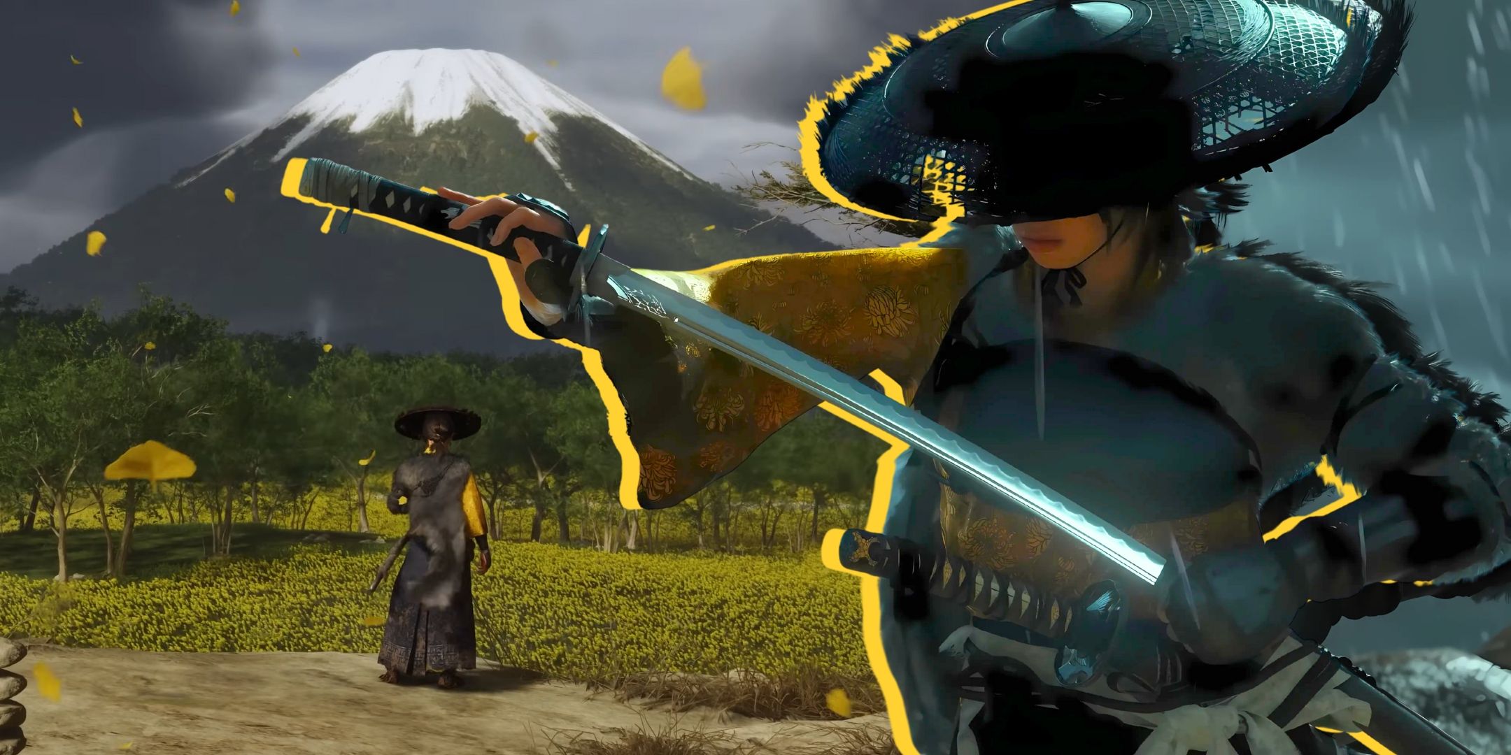 A collage featuring an image of Atsu on a background of gameplay from Ghost of Yotei