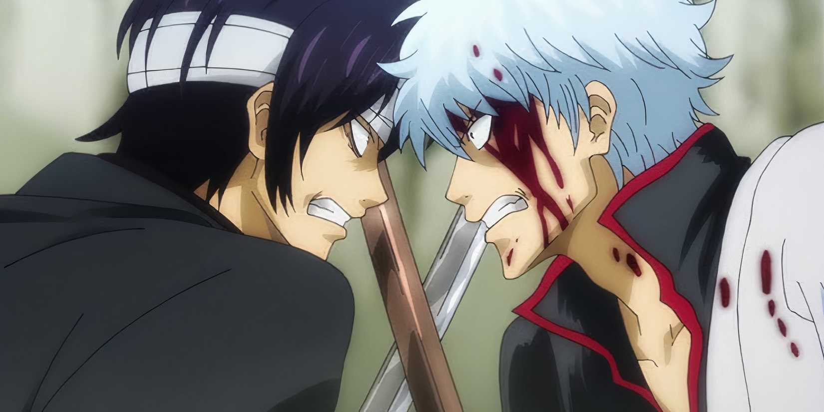 Gintoki et Takasugi s'affrontent avec leurs épées dans Gintama.