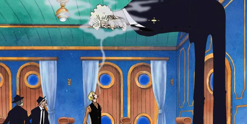 Jerry bends over as he talks to Sanji onboard the Sea Train heading toward Enies Lobby in One Piece's Water Seven Arc.