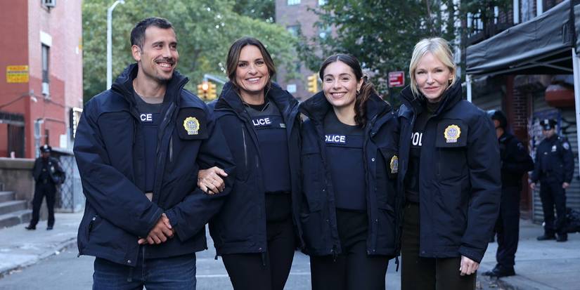 Mariska Hargitay, Kelli Giddish, Octavio Pisano and Juliana Aiden Martinez seen filming at the 'Law and Order: Special Victims Unit' set in Chinatown, Manhattan
