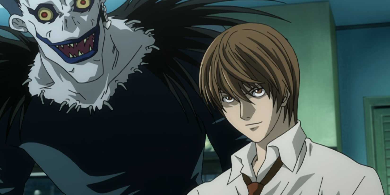 Light Yagami sits near Ryuk in his bedroom in the Death Note anime.