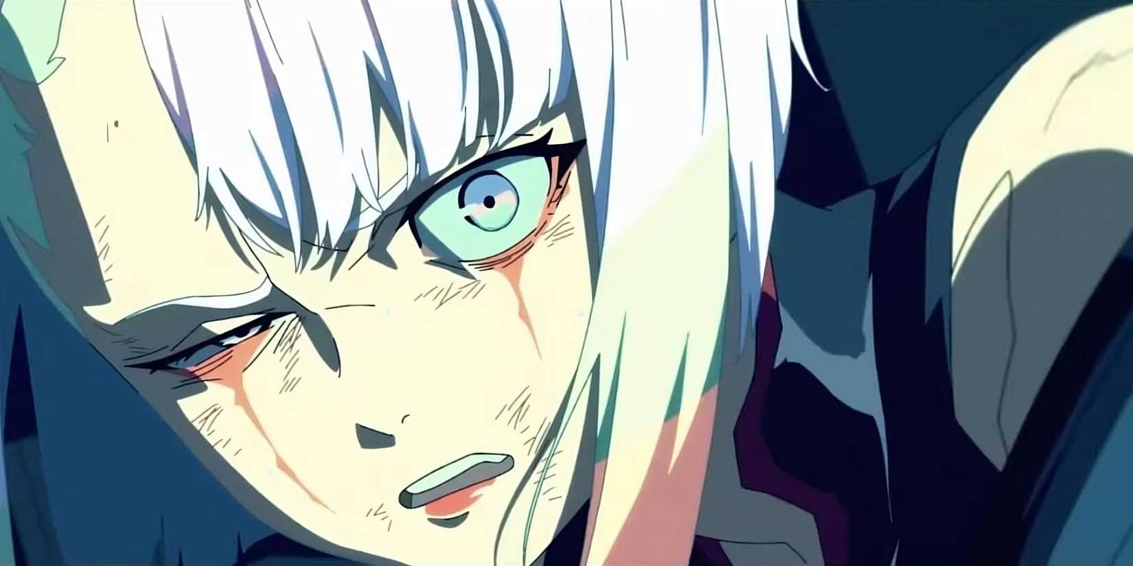 Cyberpunk: Edgerunners character Lucy looks up in surprise with running makeup