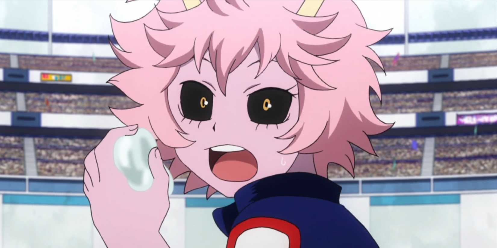 Mina Ashido looks shocked while holding her acid.