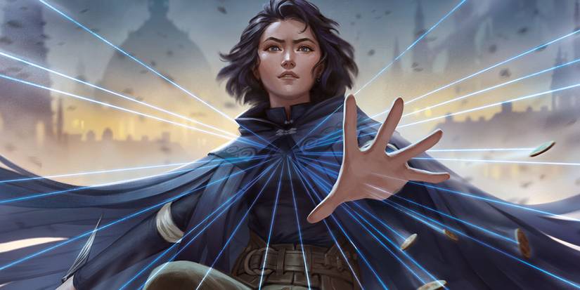 A mage reaches out her hand on the Mistborn The Deckbuilding Game Cover