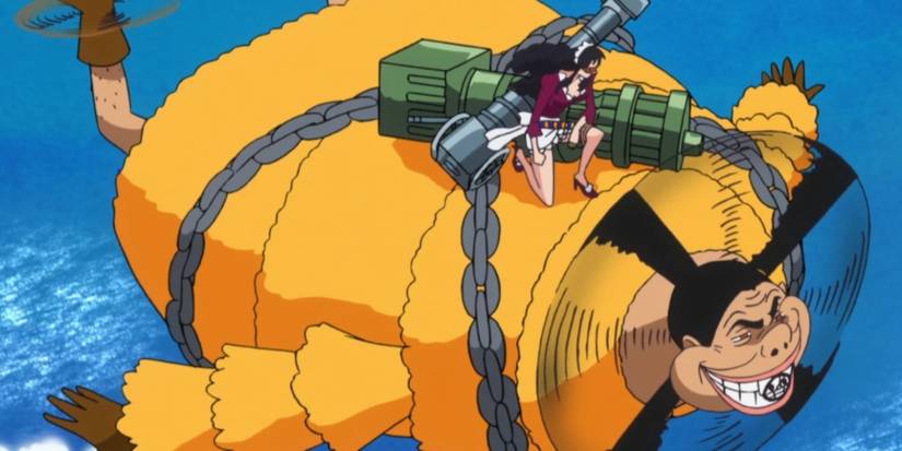 Buffalo carries Baby 5 on his back while flying in One Piece