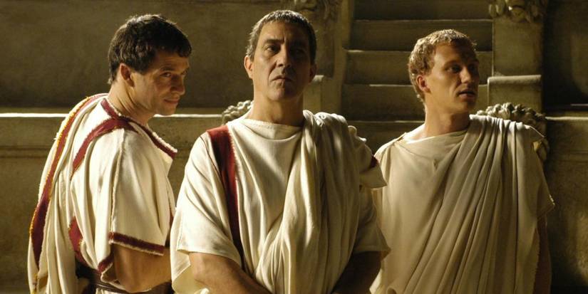 Ciarán Hinds as Julius Caesar, James Purefoy as Mark Antony and Kevin McKidd as Lucius Vorenus from the TV series Rome