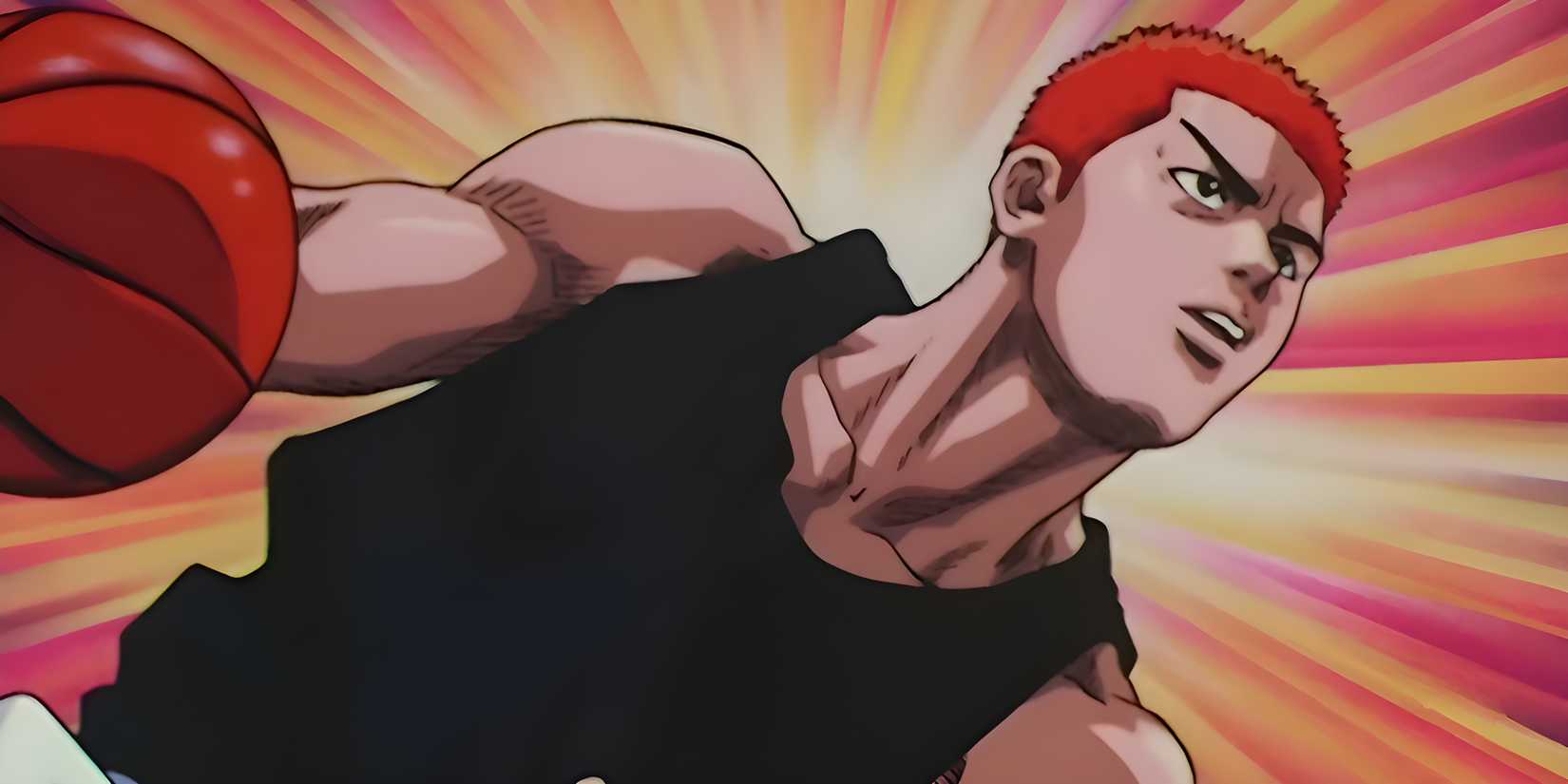 Sakuragi Hanamichi dribble un ballon de basket dans Slam Dunk.