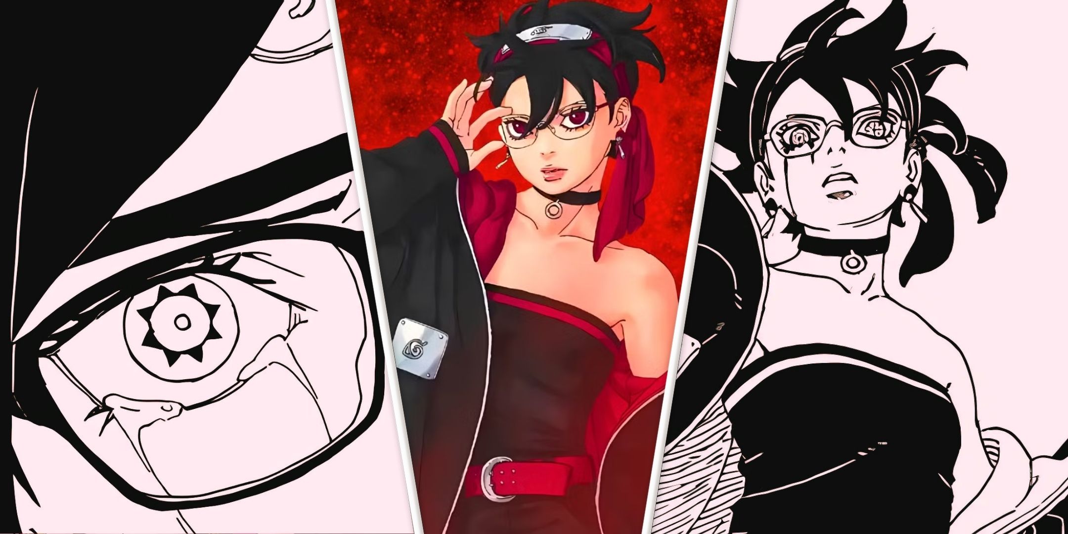 A split image featuring Sarada Uchiha and her technique, the Ohirume from the manga Boruto: Two Blue Vortex