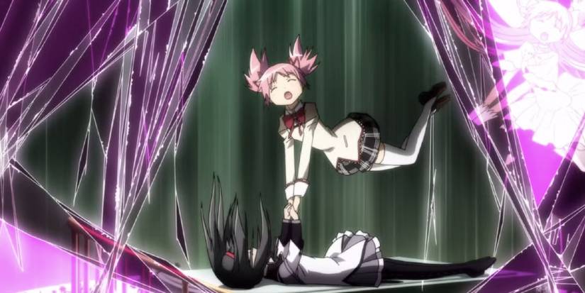 Homura trapping and flying the divinity of Madoka to the film Madoka Magica: Rebellion