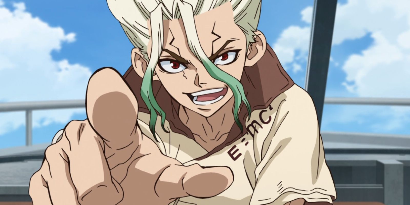 Senku speaks and points to the spectator of Dr Stone.