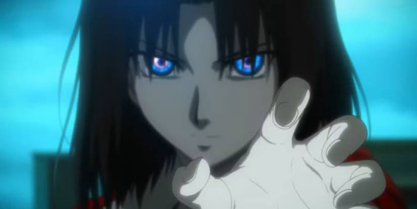 Shiki Ryogi looks aggressive while holding her hand out in Garden of Sinners: Overlooking View.