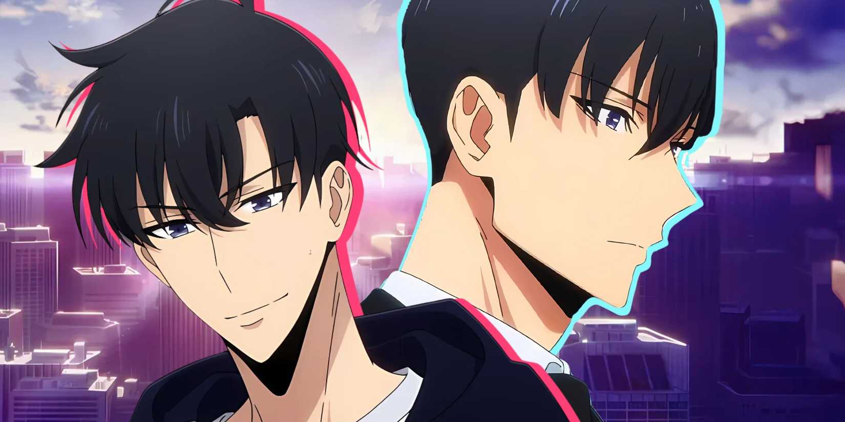 A collage of Sung Jinwoo from the Solo Leveling anime - one of him smiling/looking happy or excited, and one of him looking worried/sad/upset (both versions front & center