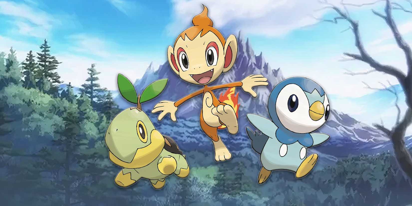 Turtwig, Chimchar, and Piplup in front of a snowy mountain