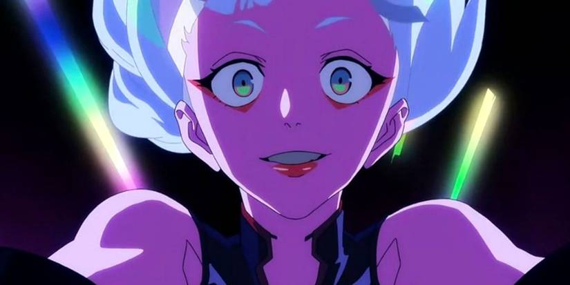 Cyberpunk Edgerunners Lucy smiling with wild eyes on top of David Martinez