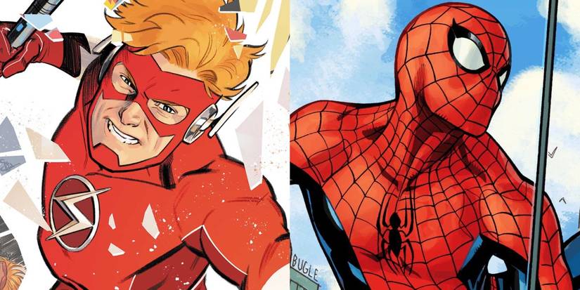 Wally West Flash and Spider-Man on a two way split image