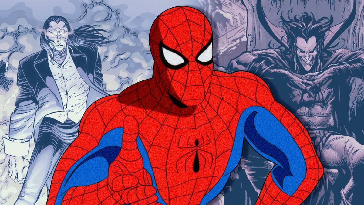 '90s animated Spider-Man in the center with comic images of Morlun and Mephisto in the background