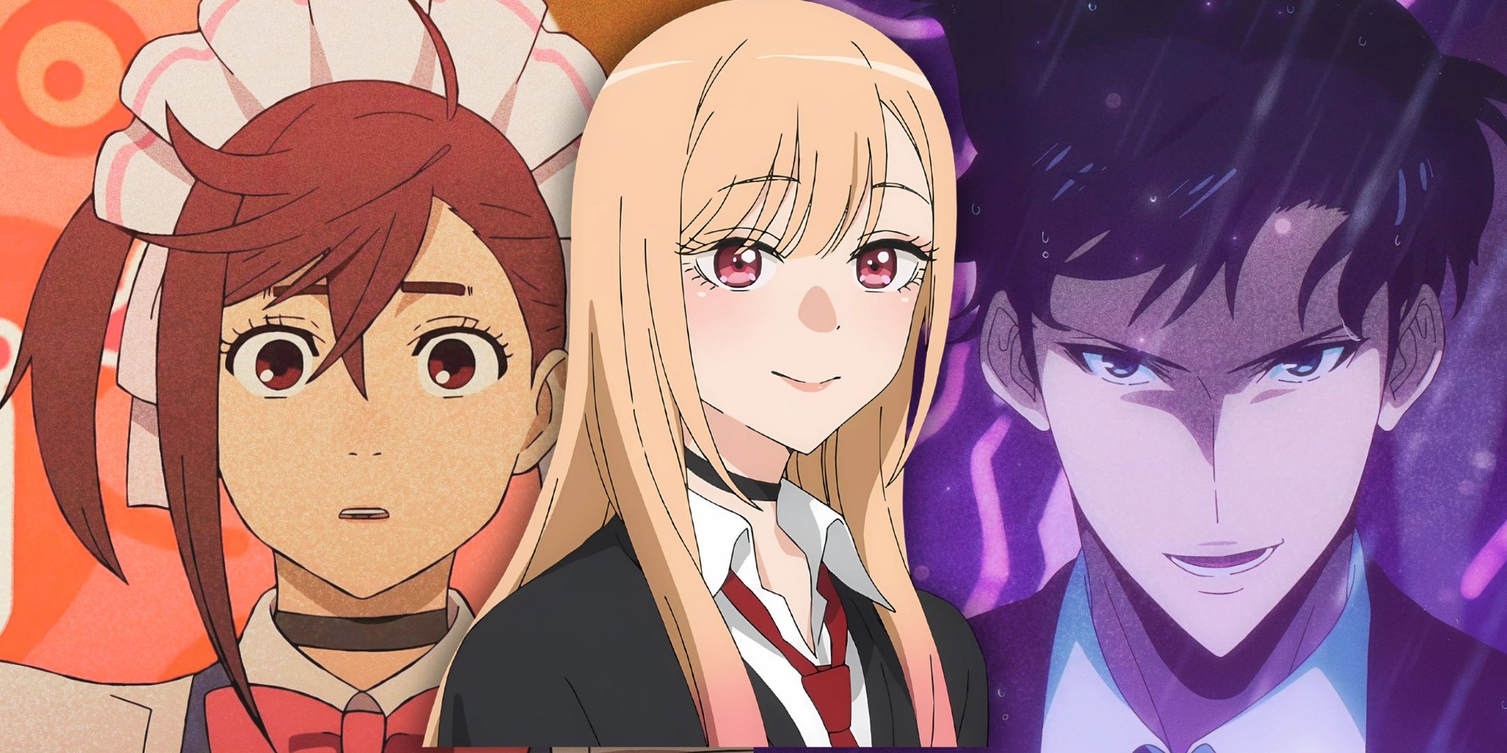 A collage featuring Solo Leveling, Dandadan, and My Dress Up Darling