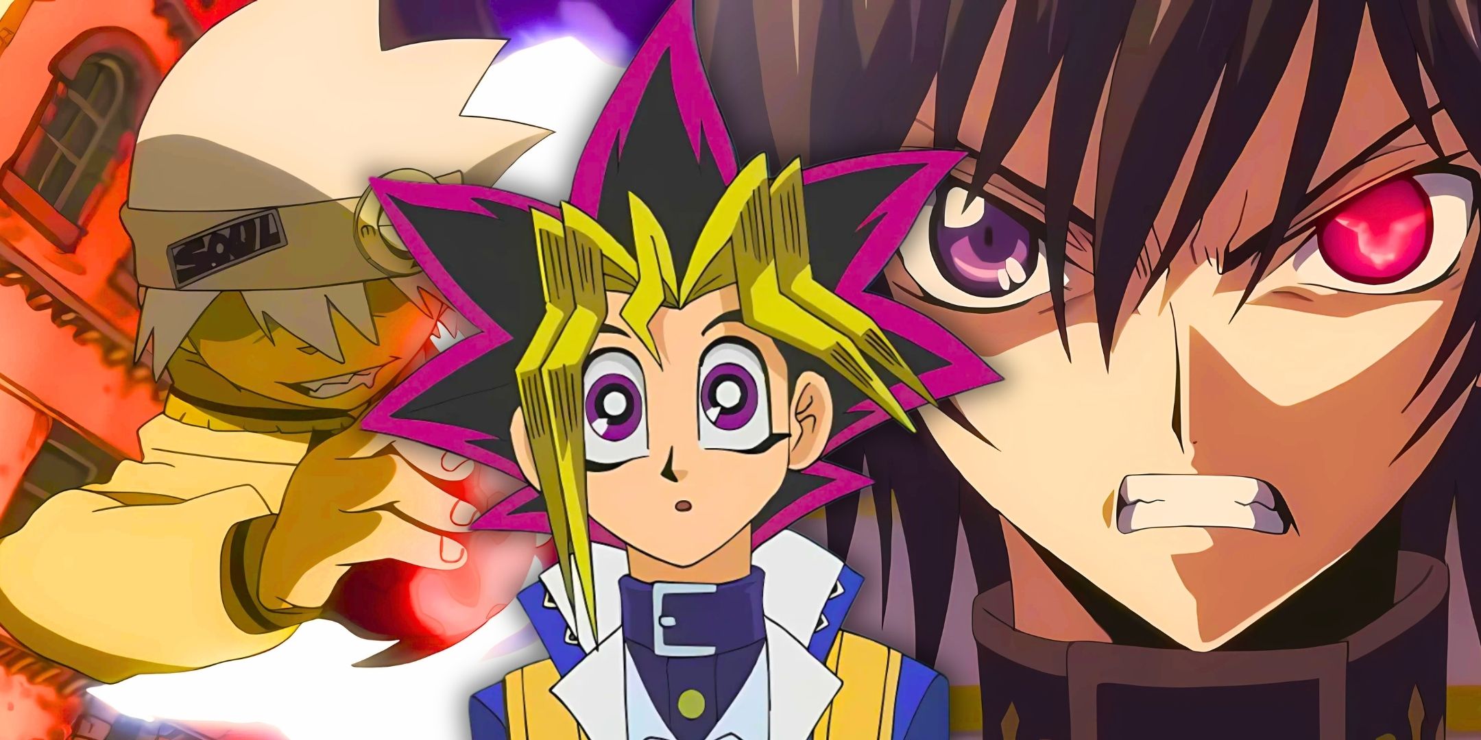 A collage featuring Yugi Muto (left) from Yu-Gi-Oh!, Lelouch Lamperouge (center), Soul Eater Evans (right)